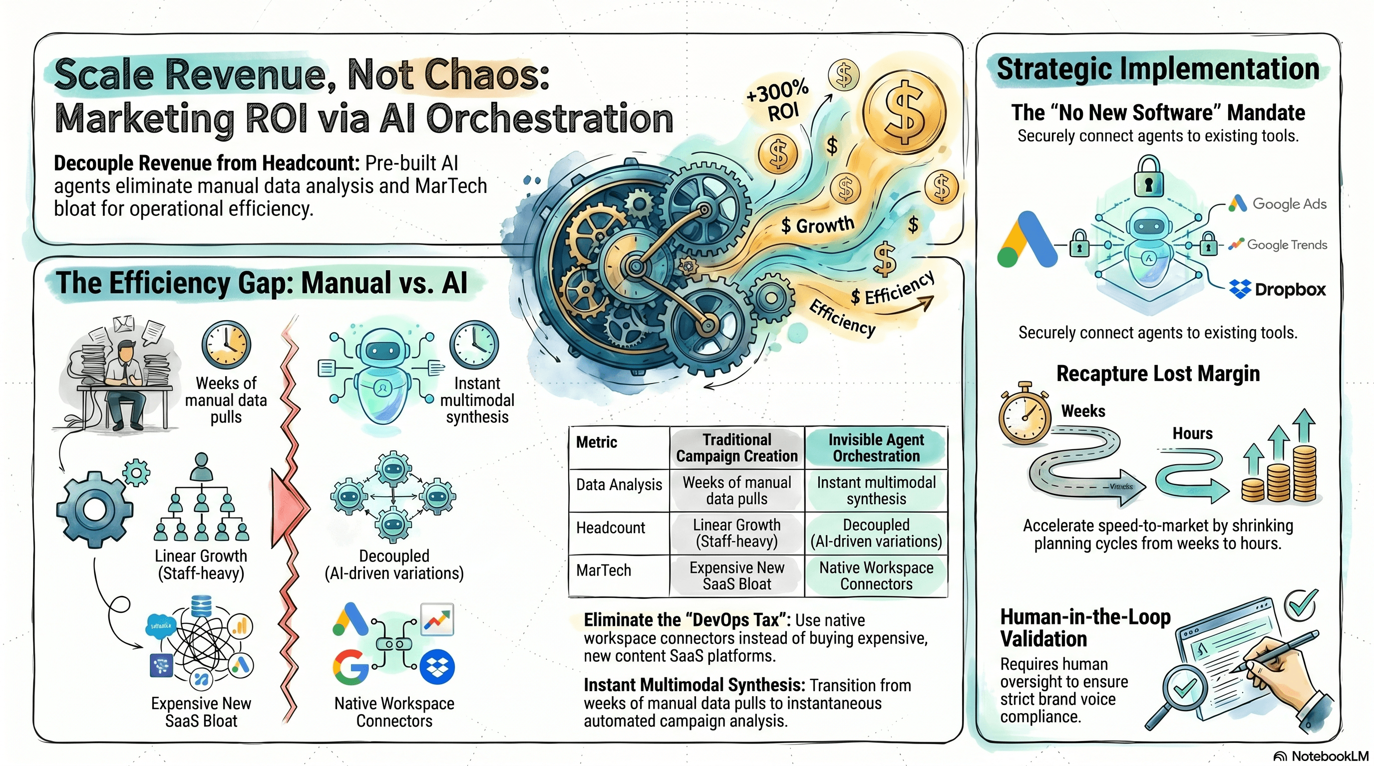 Comparison diagram showing MarTech bloat from disconnected SaaS platforms versus an invisible AI agent orchestration layer connecting Google Ads, Google Trends, and Dropbox to autonomously generate high-conversion marketing campaigns without adding new software or scaling creative headcount
