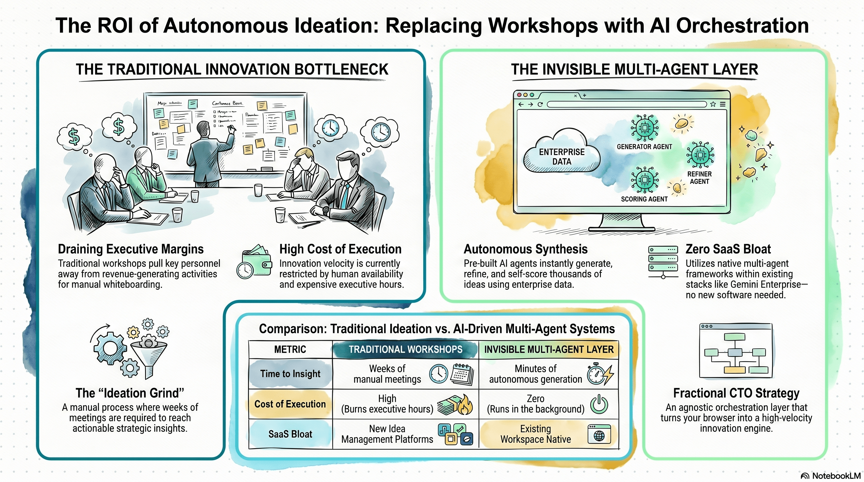 Multi-agent AI ideation system autonomously generating, refining, and self-scoring hundreds of product concepts in minutes using existing enterprise data, replacing weeks of expensive executive brainstorming workshops and decoupling innovation velocity from headcount