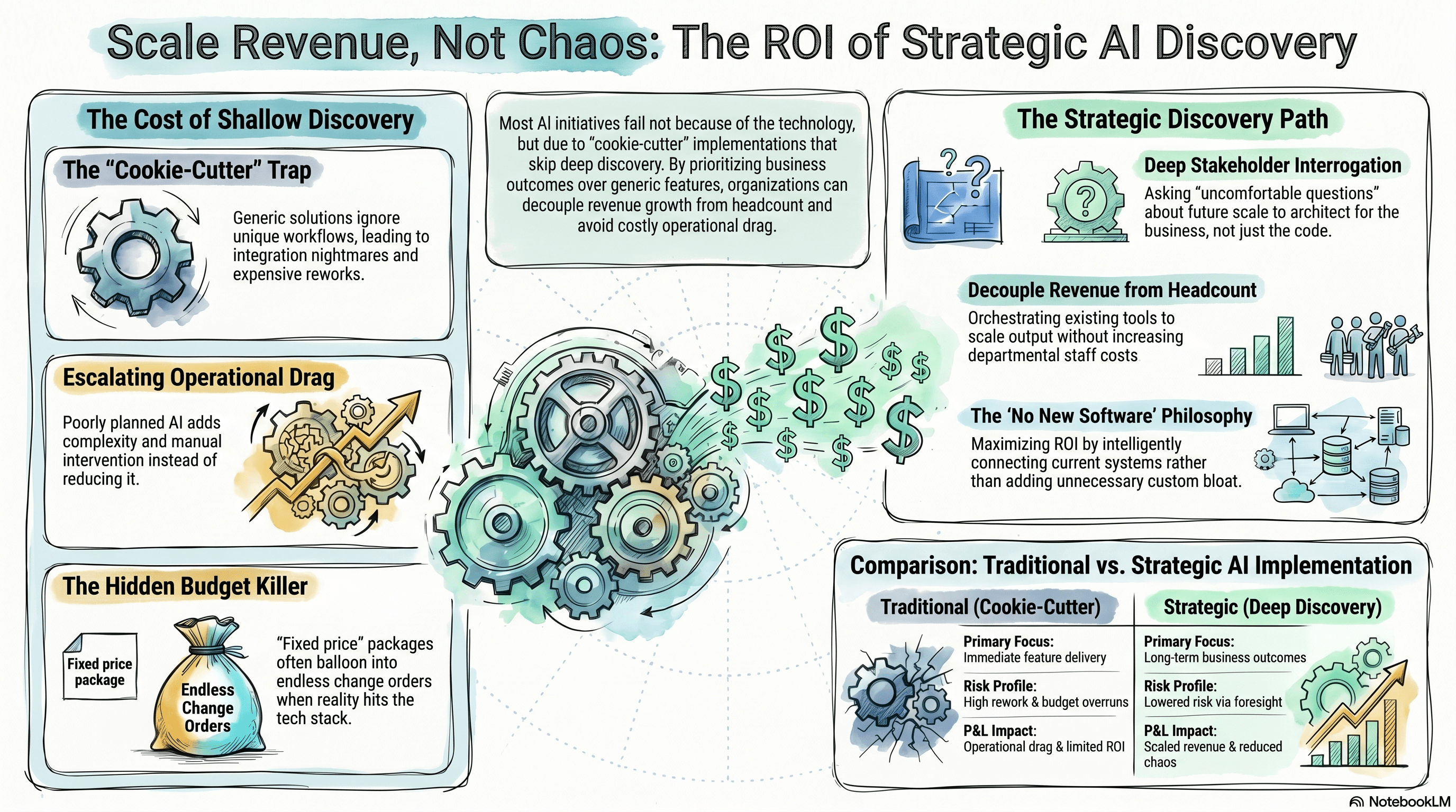 Fractional CTO auditing a small business tech stack tangled with disconnected Zapier integrations and off-the-shelf SaaS tools, designing resilient AI architecture to eliminate operational drag and buy back founder time without scaling headcount
