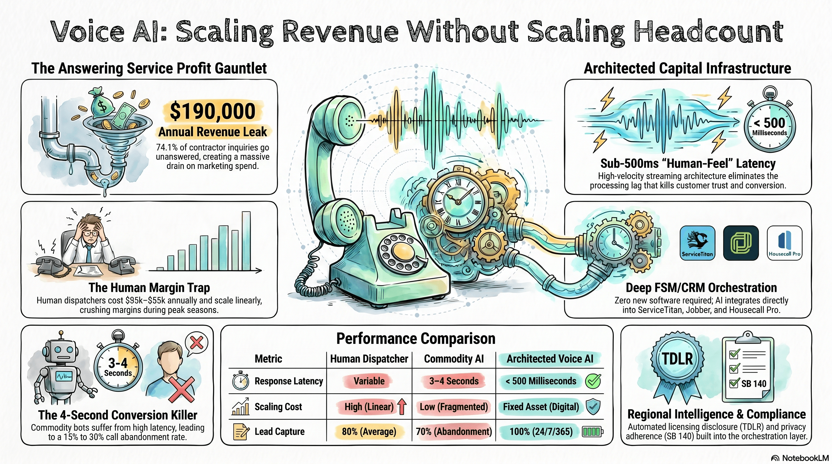 Watercolor schematic showing Architected Intelligence as a solid foundation block, supporting a steeply rising revenue graph while headcount remains flat.