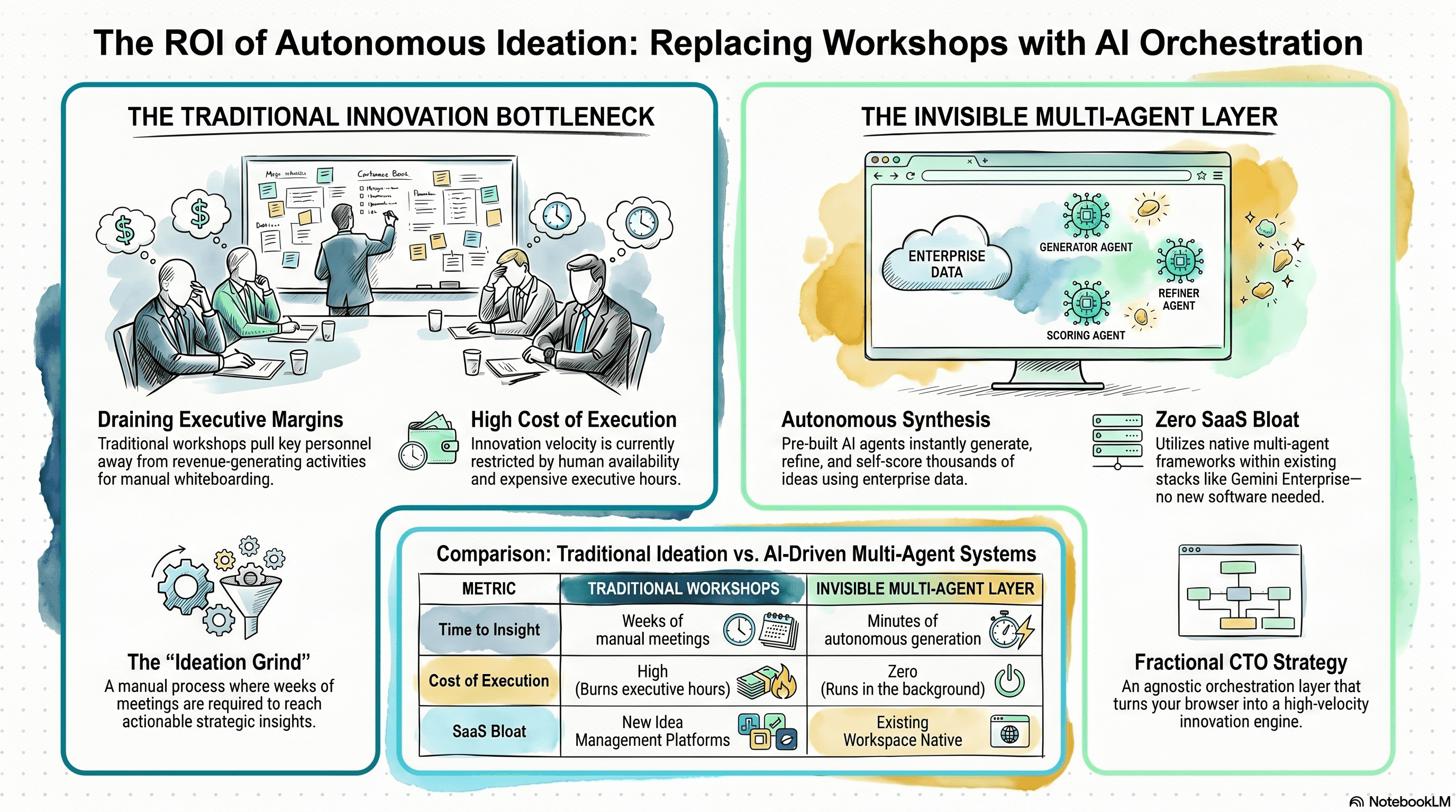 Multi-agent AI ideation system autonomously generating, refining, and self-scoring hundreds of product concepts in minutes using existing enterprise data, replacing weeks of expensive executive brainstorming workshops and decoupling innovation velocity from headcount
