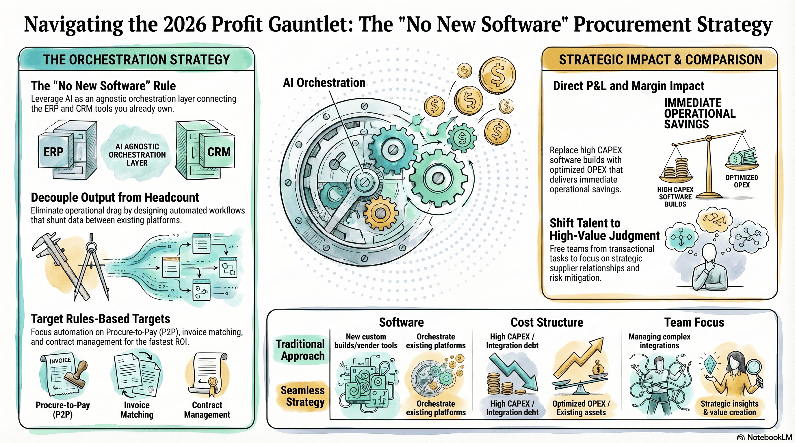 Watercolor schematic demonstrating how AI orchestration shunts data between existing ERP and CRM tools to decouple output from headcount and achieve immediate OPEX savings in procurement.